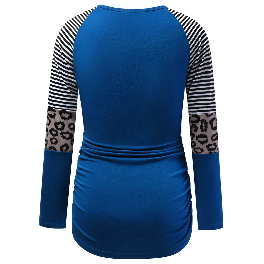 Long Sleeve Maternity T-Shirt Striped Baseball Tee with Leopard Pattern