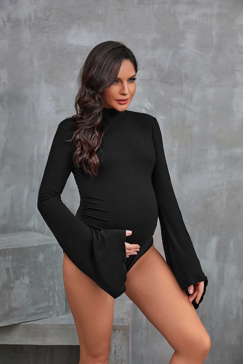Mock Neck Bell Sleeve Maternity Bodysuit for Photoshoot