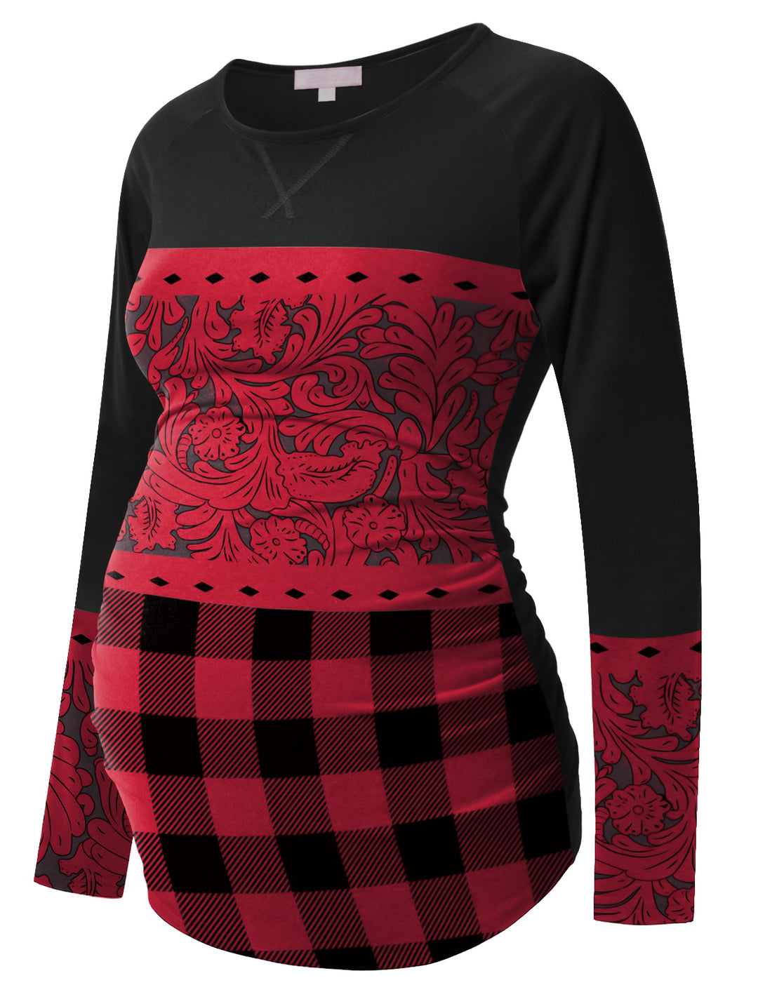 Black and Red Plaid Pattern Printed Long Sleeve Maternity Top