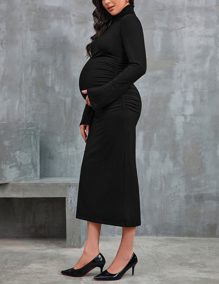 Side Slit Turtleneck Maternity Bodycon Dress for Baby Shower
