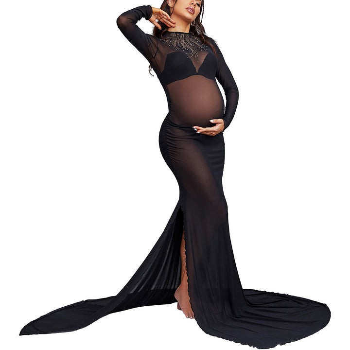 Rhinestone Sheer Mesh Long Sleeve Maternity Maxi Gown