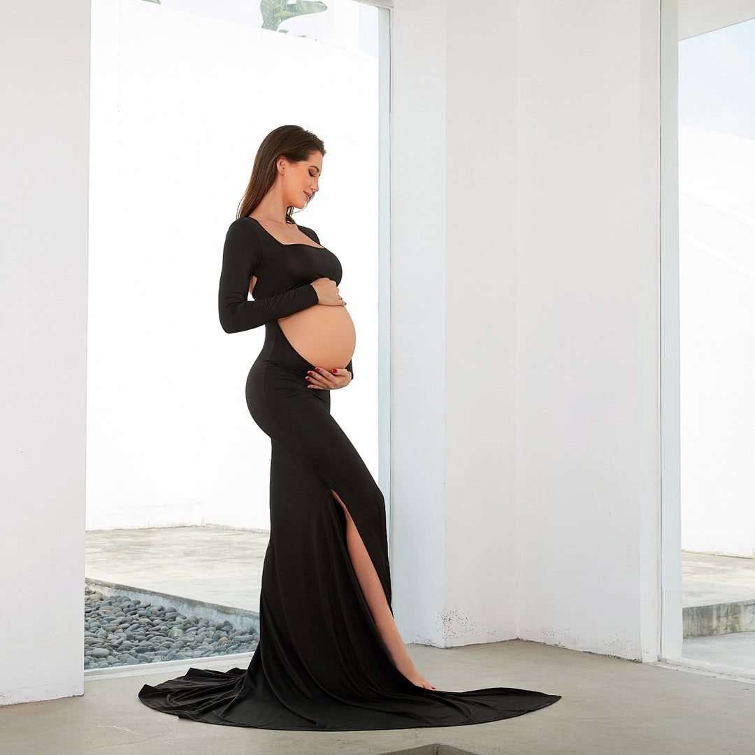 Cut-Out Backless Side Split Maternity Maxi Gown for Photoshoot