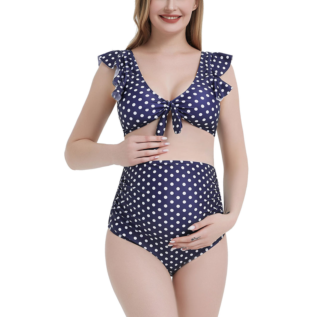 Blue and White Dots Backless Ruffles Top Front Knot High Waist Maternity Two Pieces