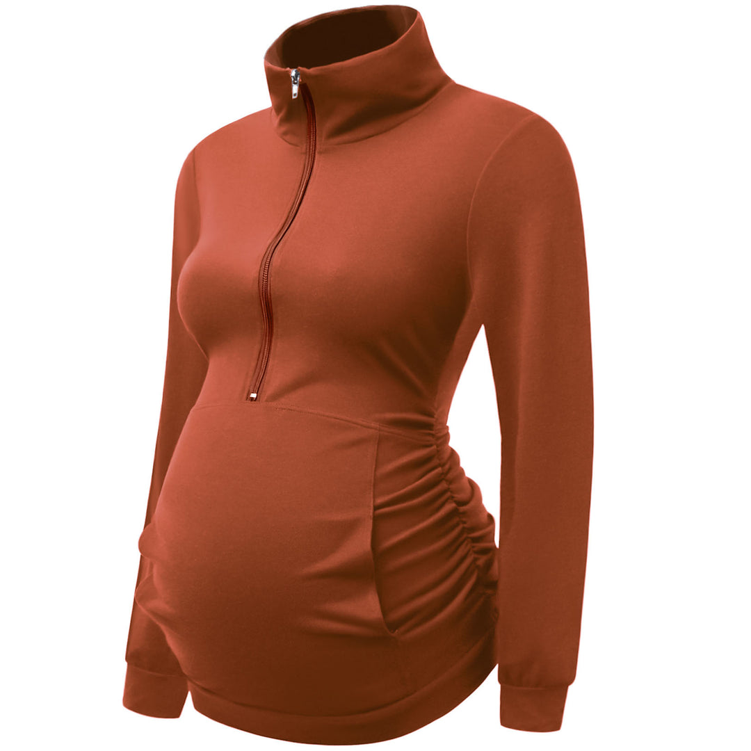 Maternity Front Zipper High Neck Lapel Collar Top with Pockets