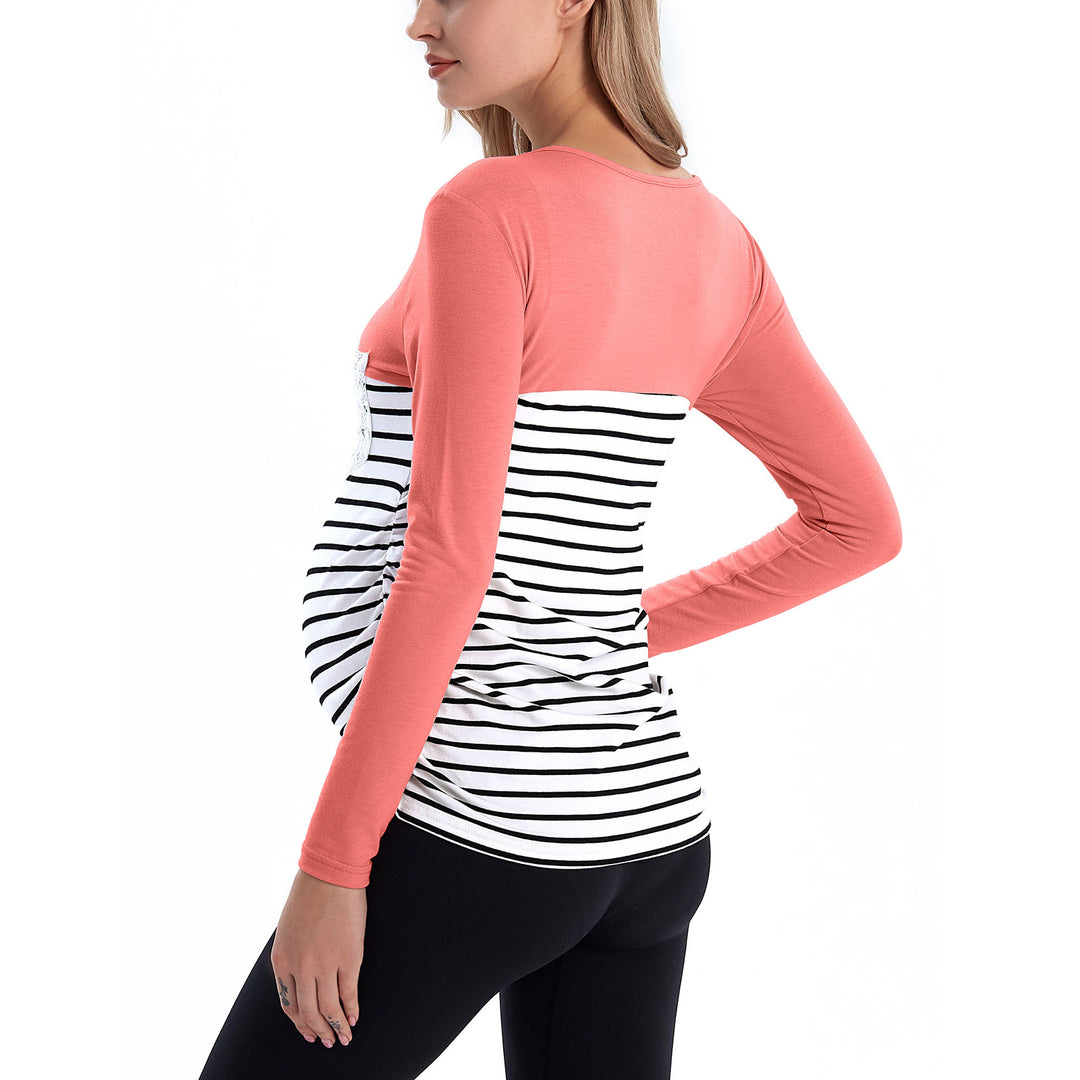 Maternity Long Sleeve Tunic Shirt in Color Block & Striped Pattern with Crochet Pocket