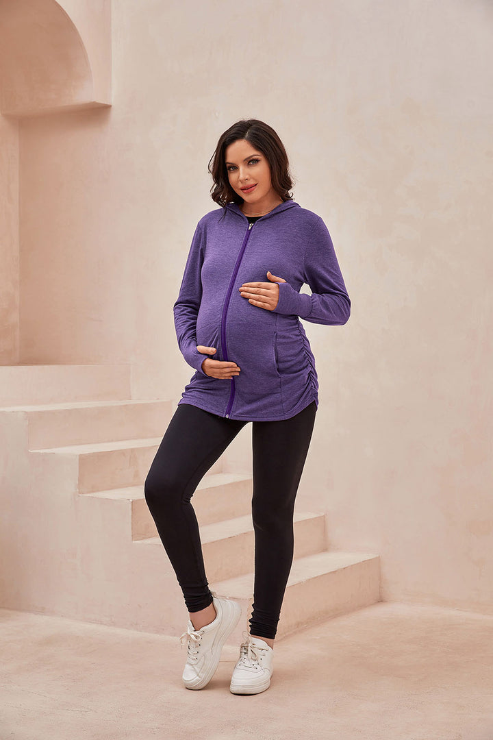 Long Sleeve Full Zip Maternity Hoodie with Pockets
