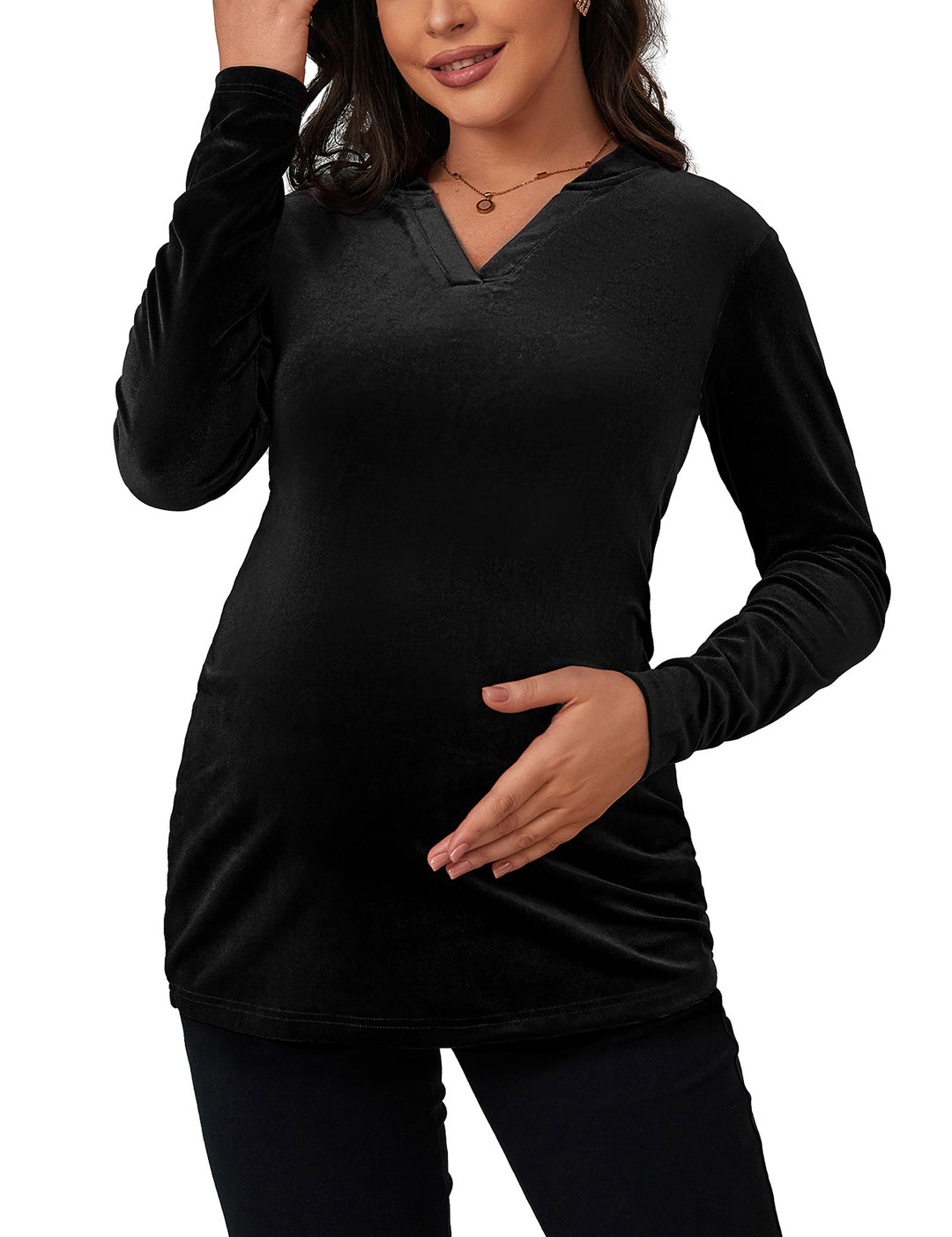 Bhome Maternity Velvet Long Sleeve V Cut Neck Top
