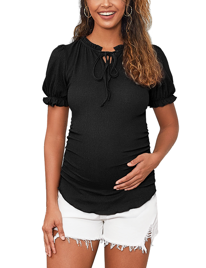 Maternity Blouse Ruffled Short Puff Sleeve Textured Shirts