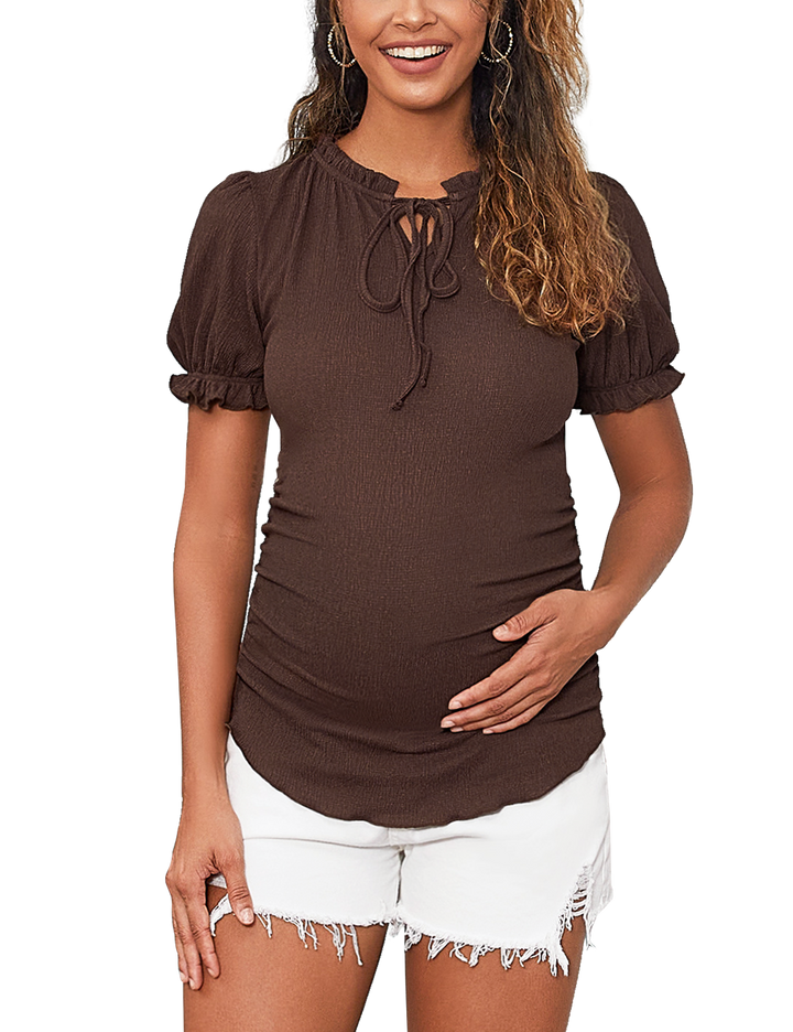 Maternity Blouse Ruffled Short Puff Sleeve Textured Shirts