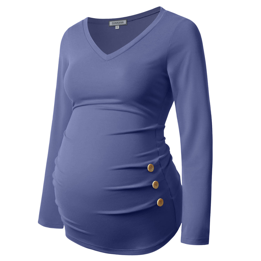 V-Neck Long Sleeve Ruch Sides Buttons T-shirt for Pregnant