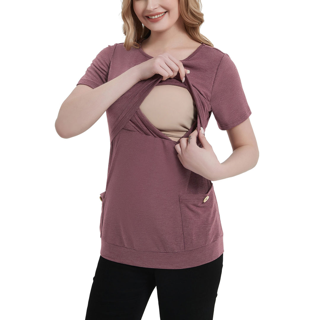 Short Sleeve Button Decoration Pockets Breastfeeding Tshirts