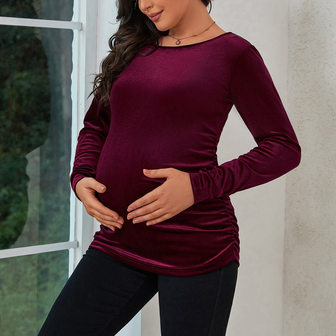 Bhome Vintage Long Sleeve Velvet Maternity Top with Ruched Sides