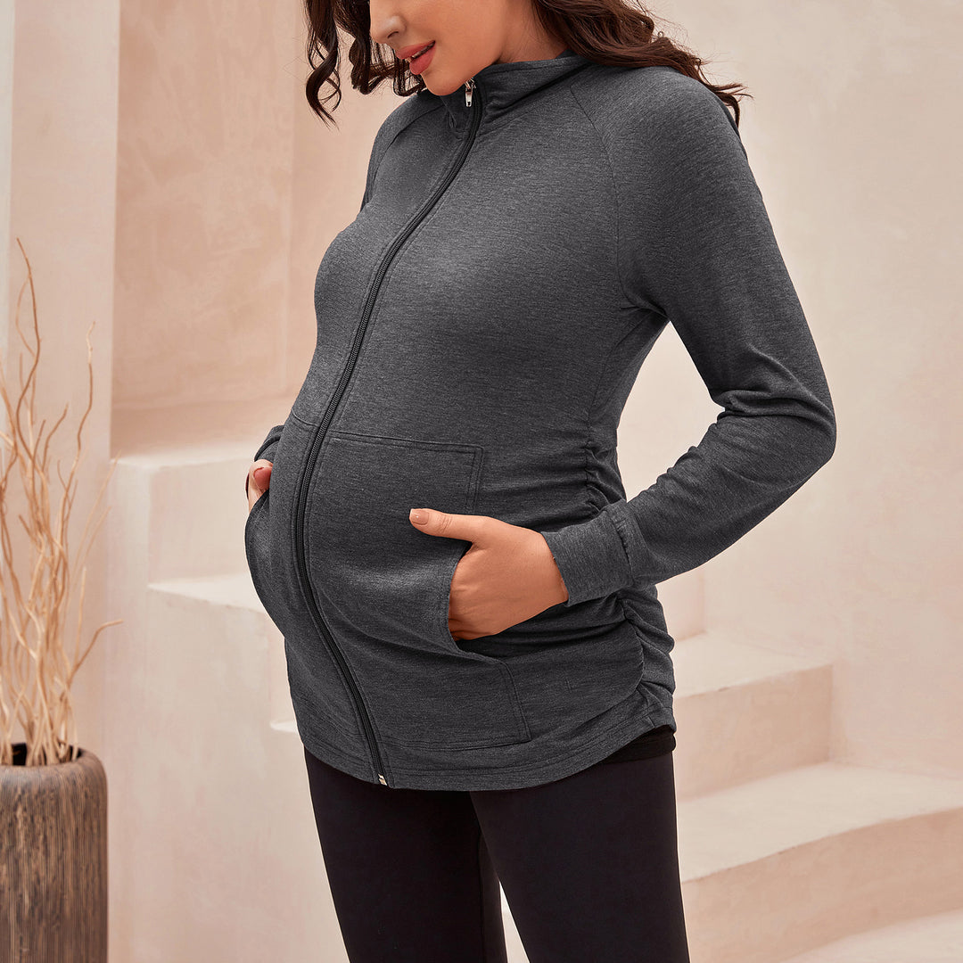 Maternity Athletic Long Sleeve Zip Up Sweatshirts Tops with Pockets