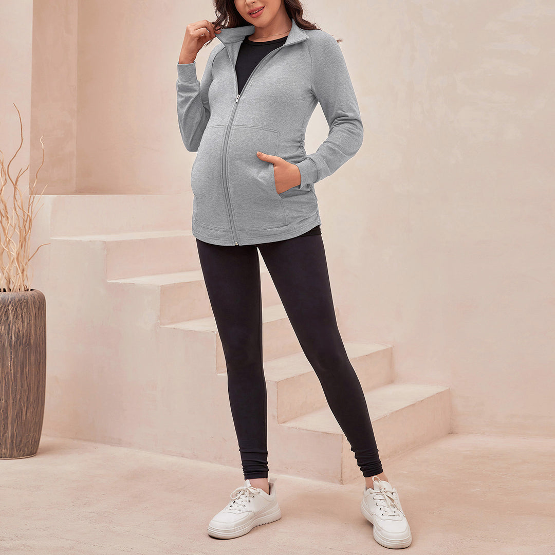 Maternity Athletic Long Sleeve Zip Up Sweatshirts Tops with Pockets