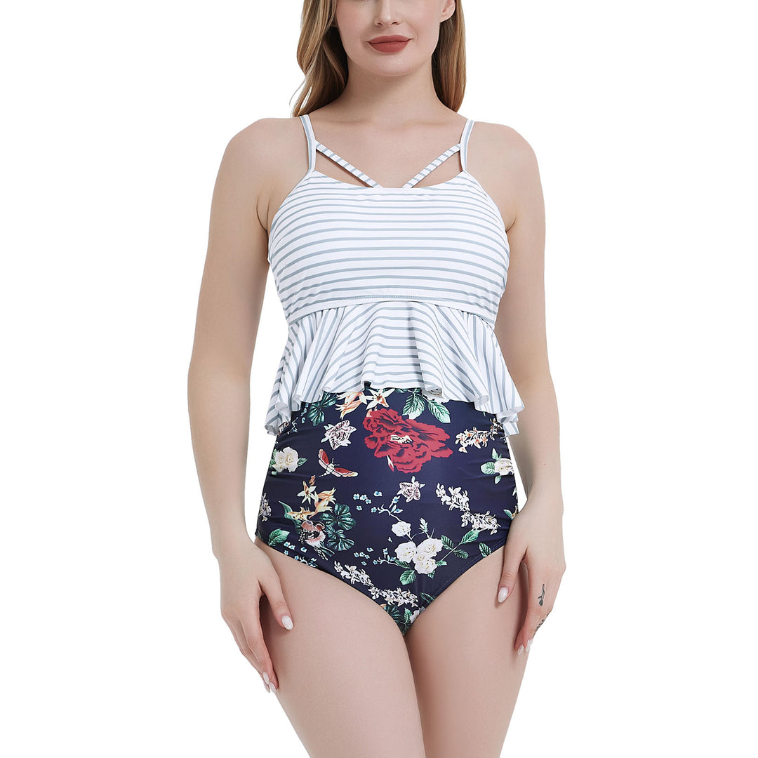 Summer Ruffle Front Strap Design Two Piece Maternity Bathing Suit