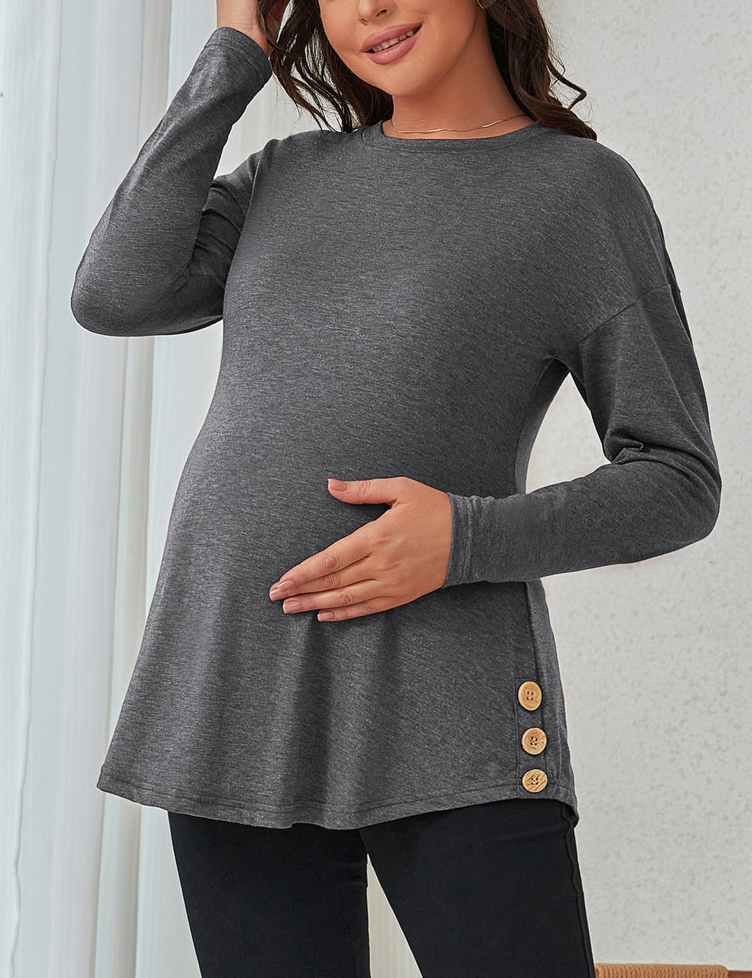 Round Neck Loose Pregnancy Tunic Top with Buttons