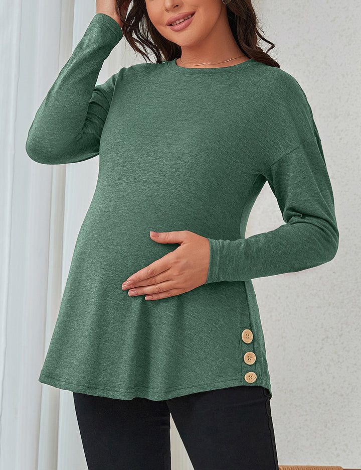 Round Neck Loose Pregnancy Tunic Top with Buttons