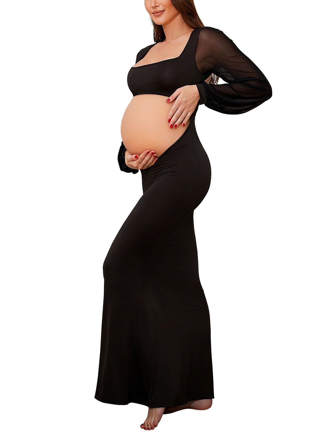 Maternity Dress for Photoshoot Mesh Long Sleeve Cut-Out Backless Maternity Gown