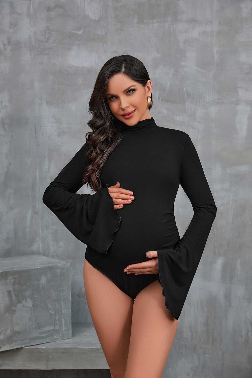 Mock Neck Bell Sleeve Maternity Bodysuit for Photoshoot