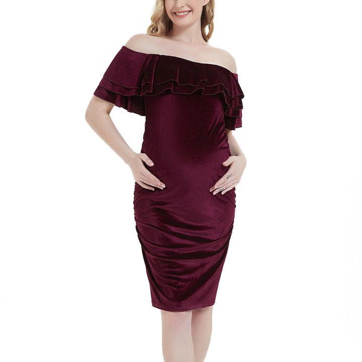 Velvet Bodycon Double Ruffles Dress for Maternity Photoshoot