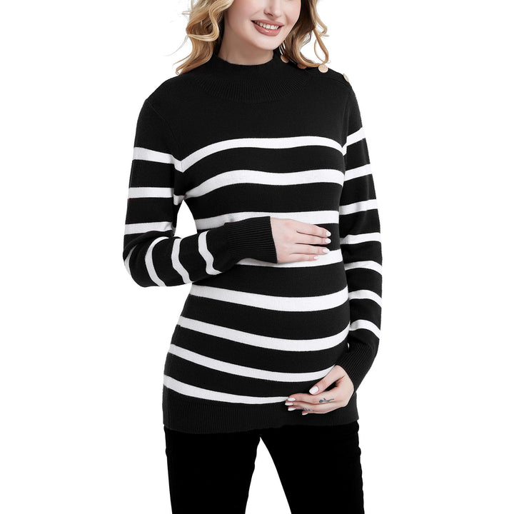 Long Sleeve Stripes Maternity Sweater in Turtleneck  with Buttons