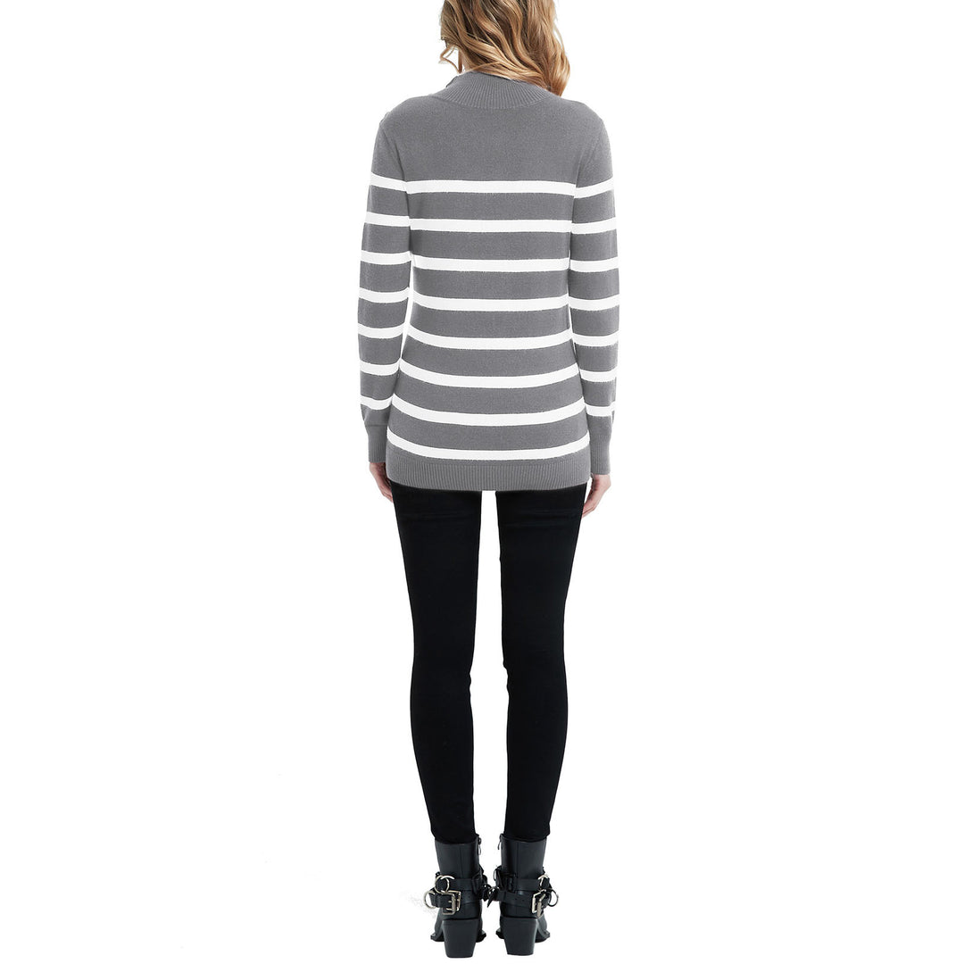 Long Sleeve Stripes Maternity Sweater in Turtleneck  with Buttons