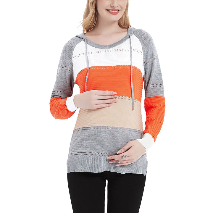 Long Sleeve Coloblock Maternity Pullover Hoodie Knit in V Neck
