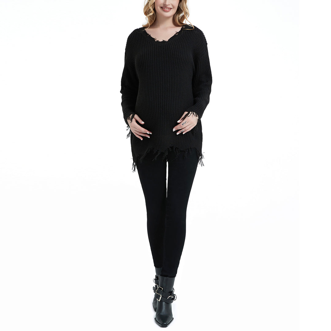Bhome Ripped Loose V Neck Maternity Sweater Knit