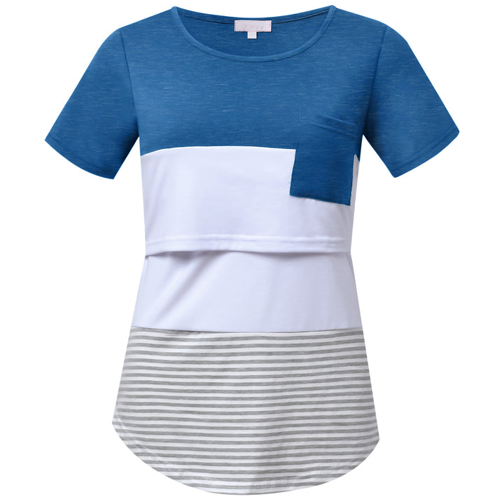 Short Sleeve Breastfeeding Color Block Maternity Top