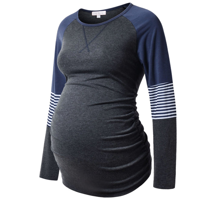Long Sleeve Maternity T-Shirt Navy Colorblock Baseball Tee with Stripes