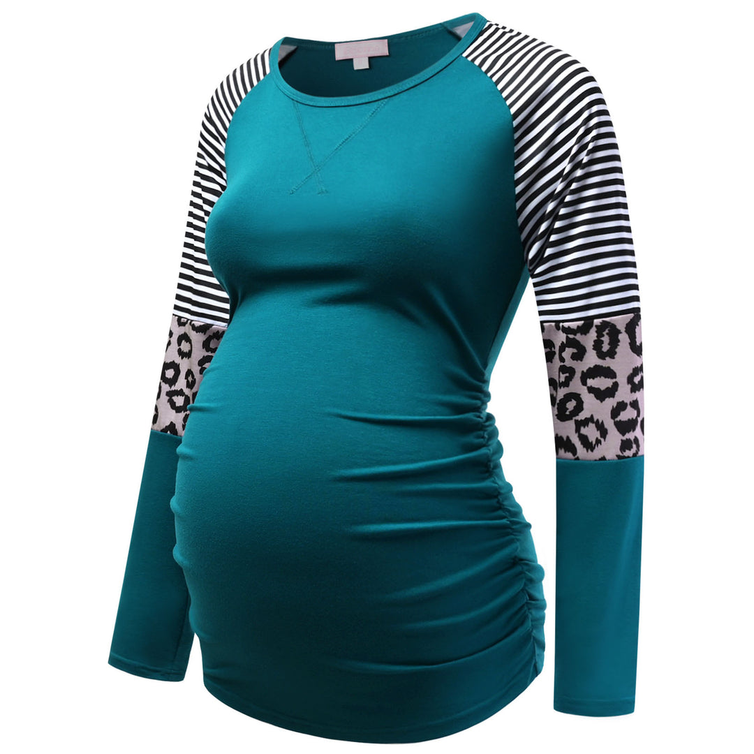 Long Sleeve Maternity T-Shirt Striped Baseball Tee with Leopard Pattern