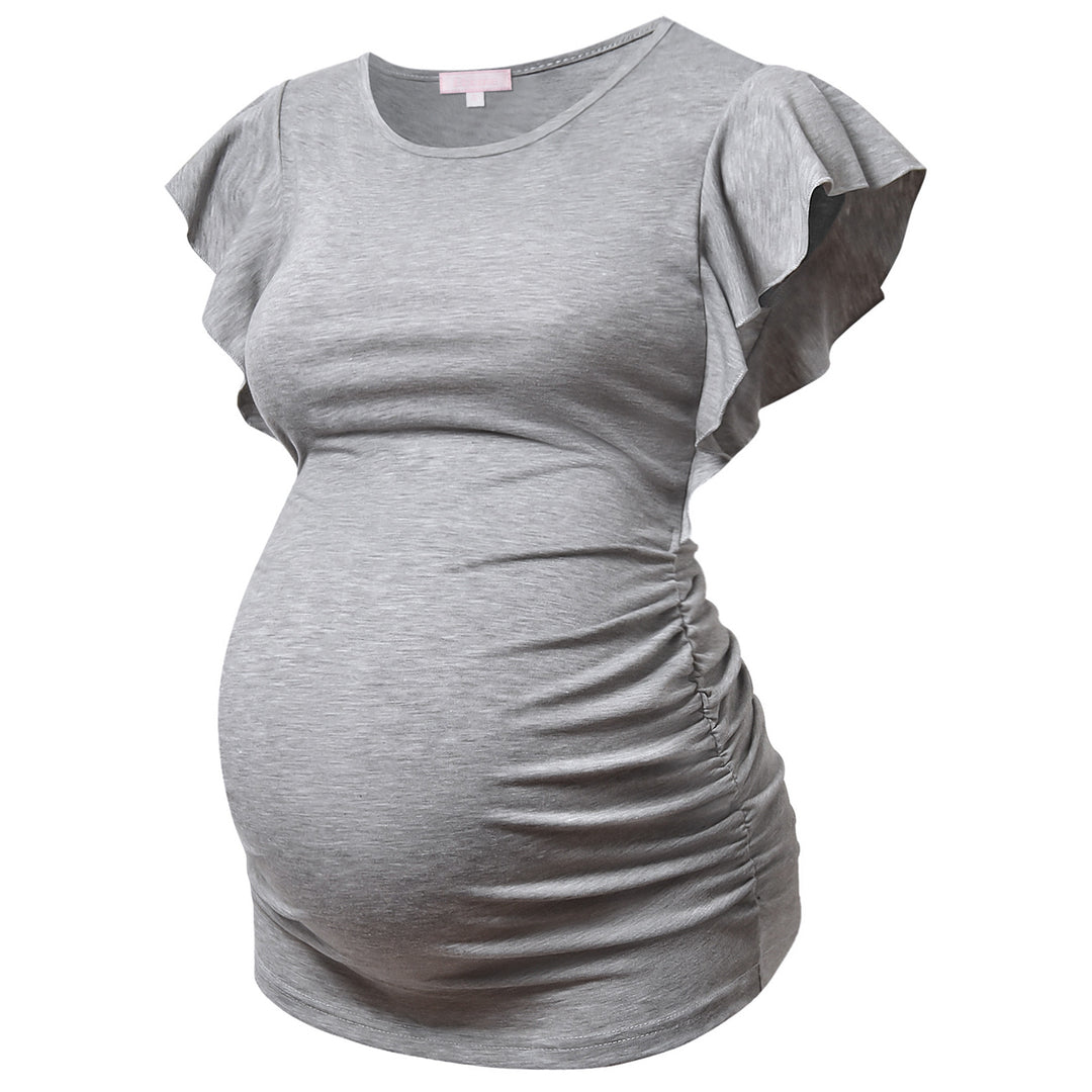 Maternity Ruffle Shorts Sleeve T-shirt in Side Ruched Design