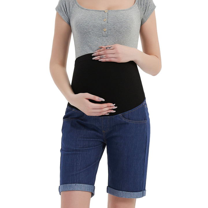 Maternity Full Panel Denim Jean Shorts Over The Belly in Casual Style