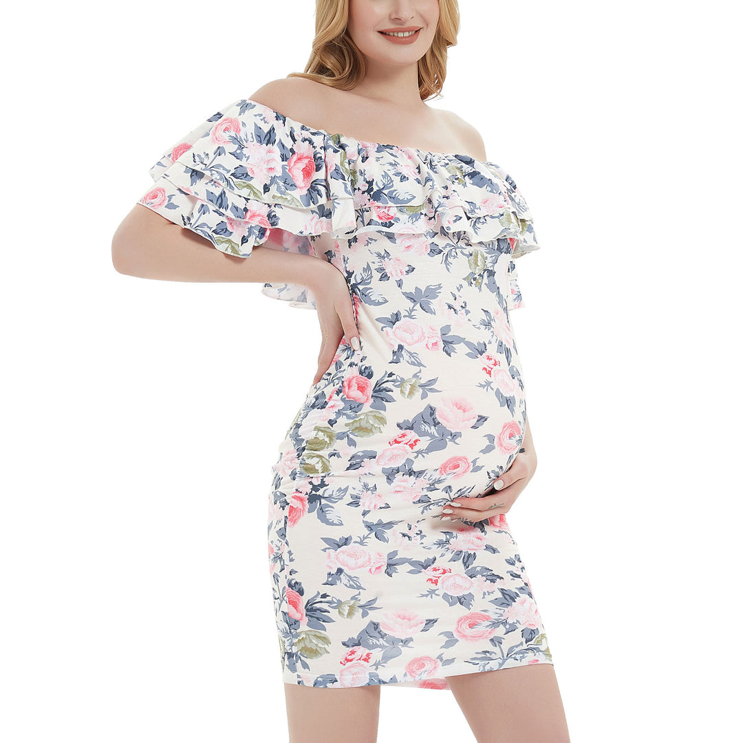 Floral Double Ruffles Off the Shoulder Bodycon Maternity Dress