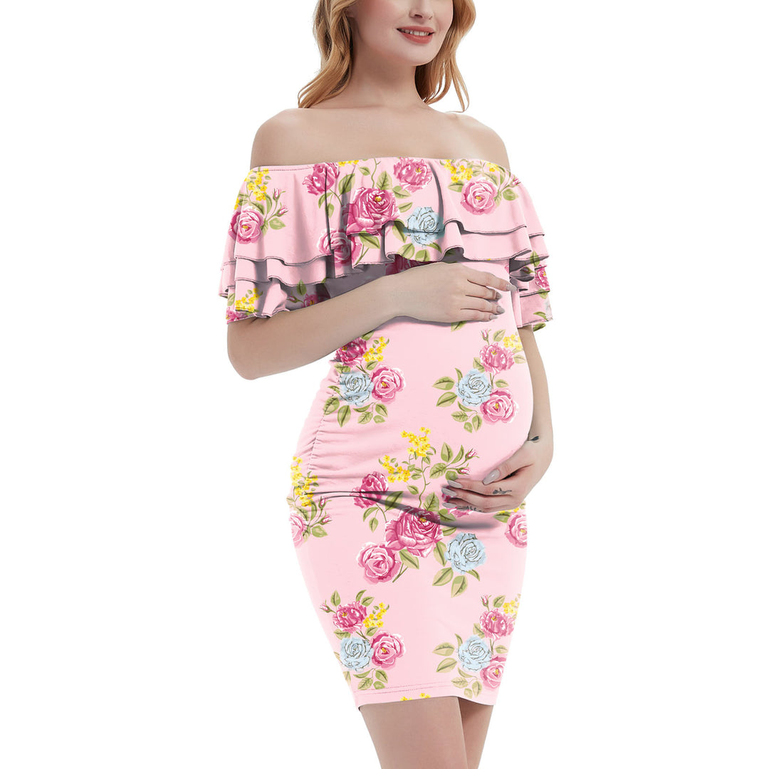 Pink Floral Double Ruffles Off the Shoulder Bodycon Maternity Dress