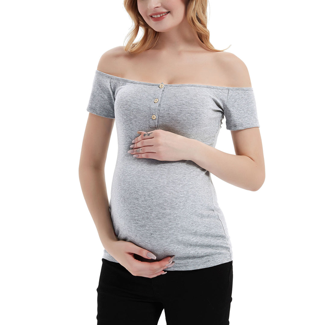 Bhome Maternity Off Shoulder Ribbed Top in Short Sleeves
