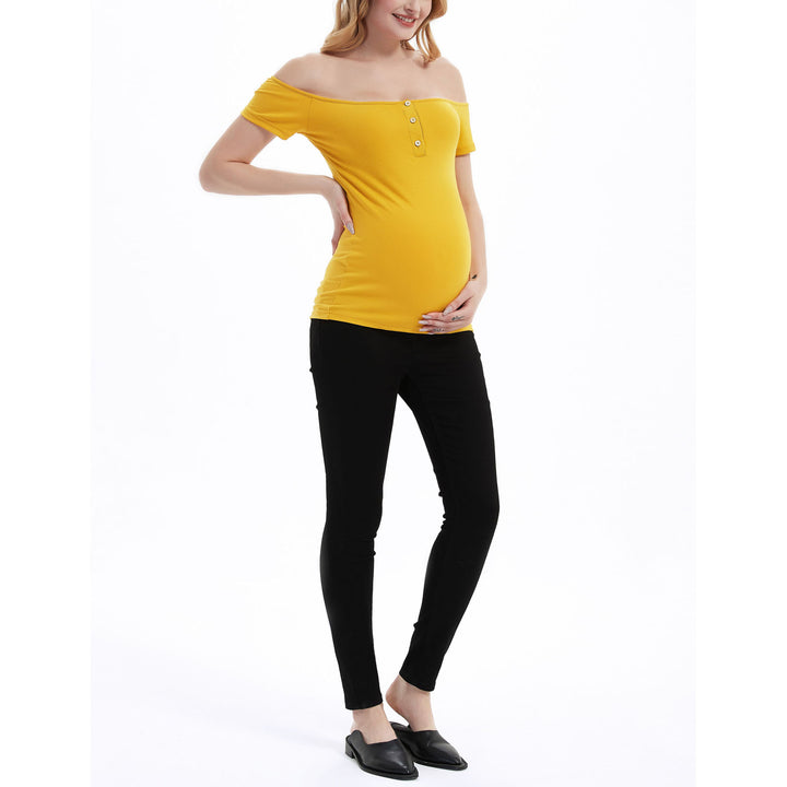 Bhome Maternity Off Shoulder Ribbed Top in Short Sleeves