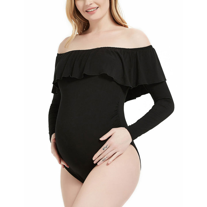 Bhome Long Sleeve Off-Shoulder Maternity Bodysuit with Leotard Ruffles
