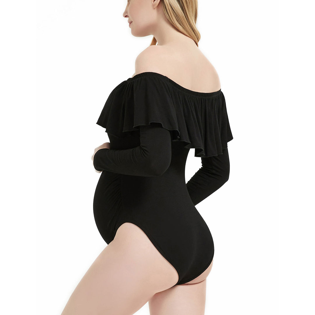 Bhome Long Sleeve Off-Shoulder Maternity Bodysuit with Leotard Ruffles