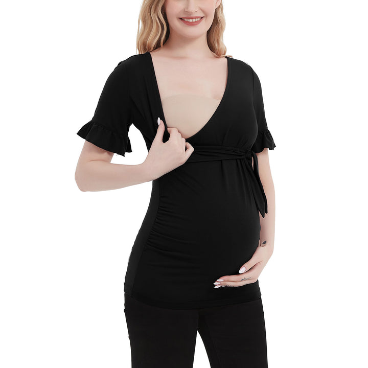 Ruffle Short Sleeves Maternity Top with Adjustable Side Tie Bow Front Wrap