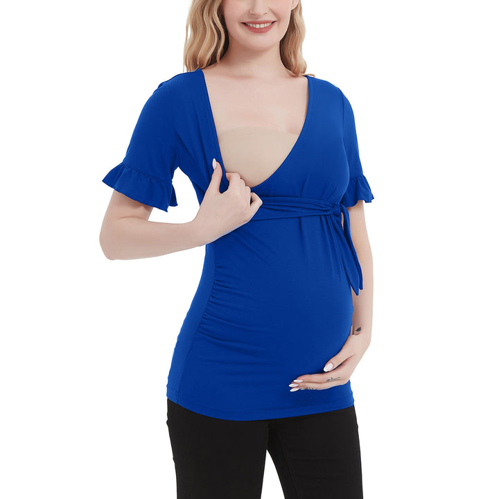 Ruffle Short Sleeves Maternity Top with Adjustable Side Tie Bow Front Wrap