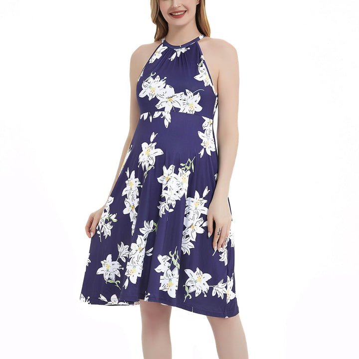 Navy Floral Sleeveless Knee Length Summer Dress