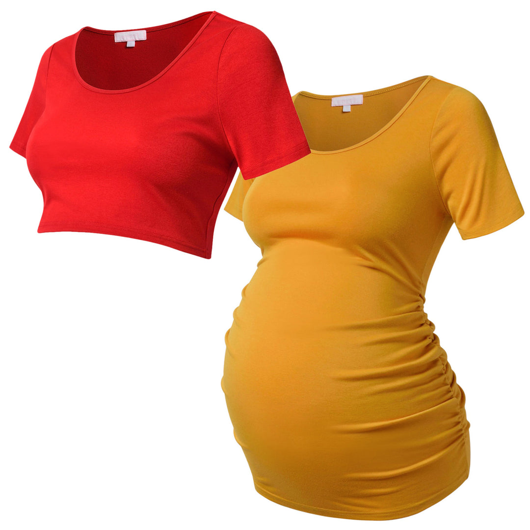 3 Sets Red & Yellow Color Block Short Sleeve Top in V Neck