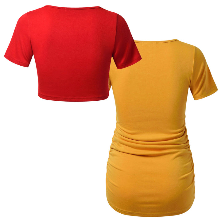 3 Sets Red & Yellow Color Block Short Sleeve Top in V Neck