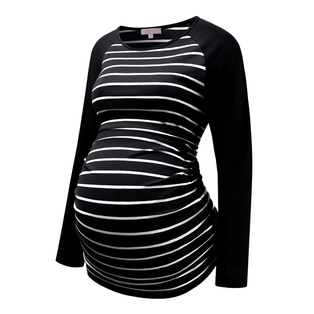 Long Sleeve Striped Maternity Shirts with Side Ruched Design