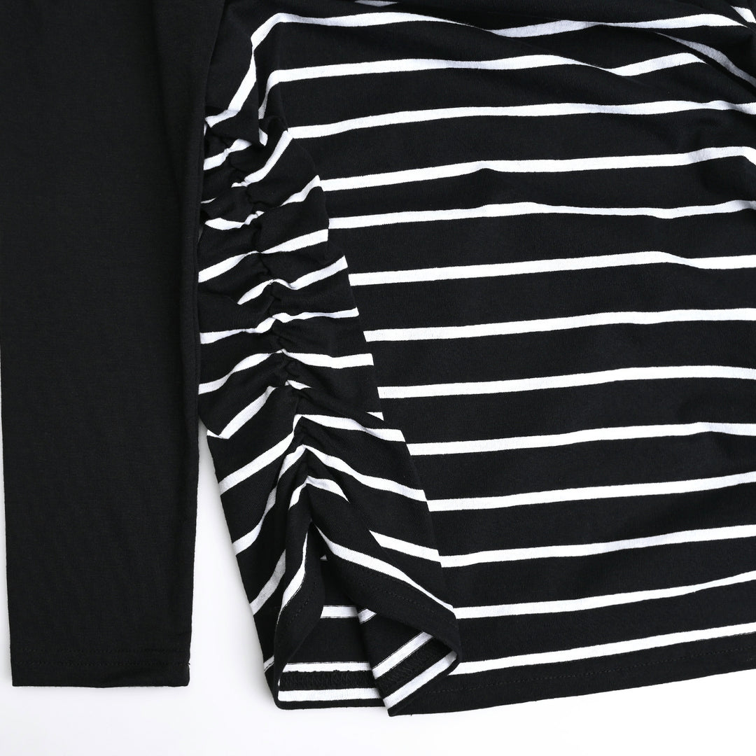 Long Sleeve Striped Maternity Shirts with Side Ruched Design