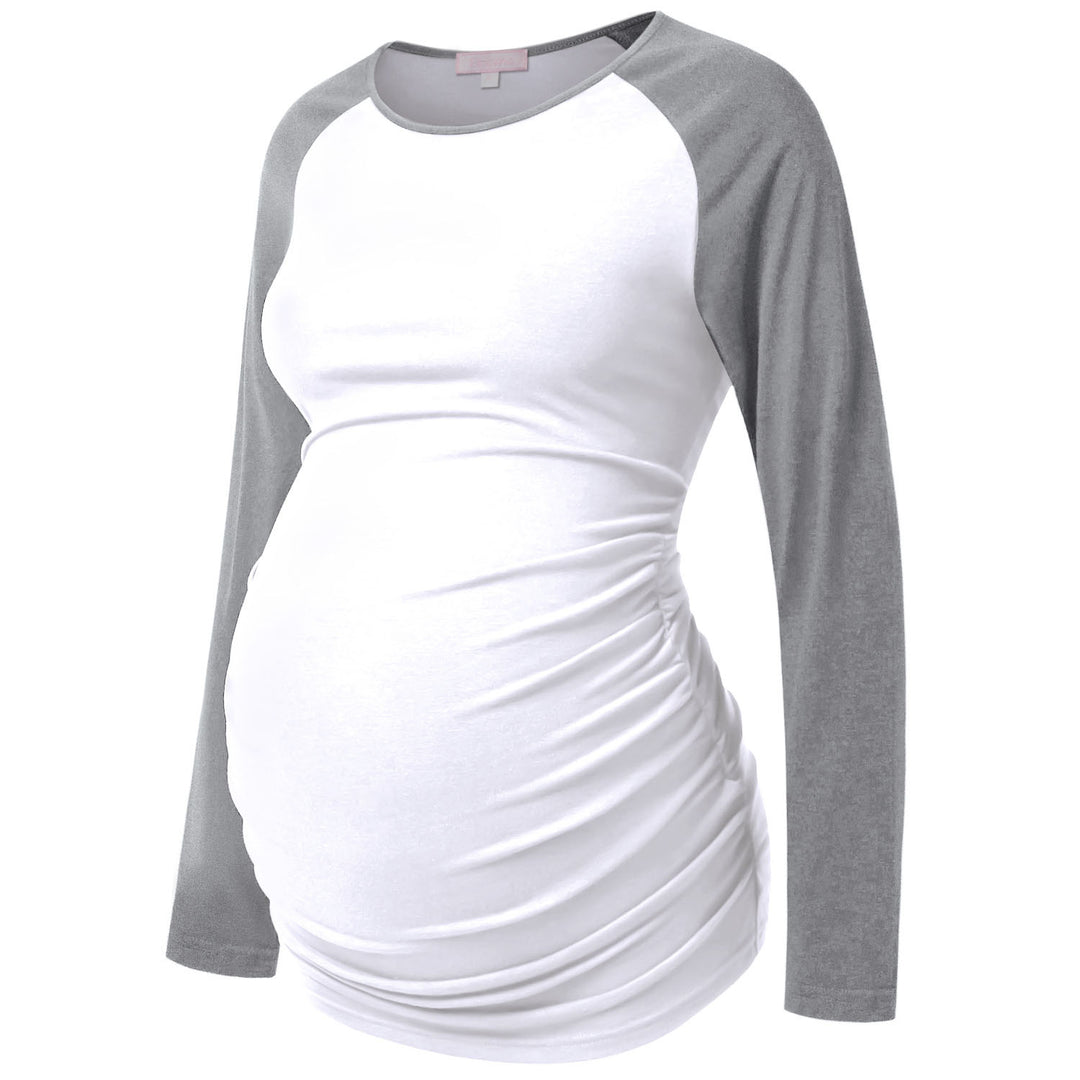 Long Sleeve Color Block Materntiy Top with Round Neck and Sides Ruched