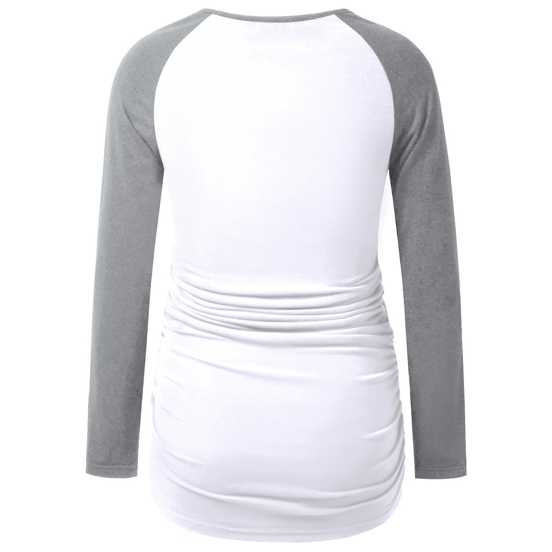 Long Sleeve Color Block Materntiy Top with Round Neck and Sides Ruched