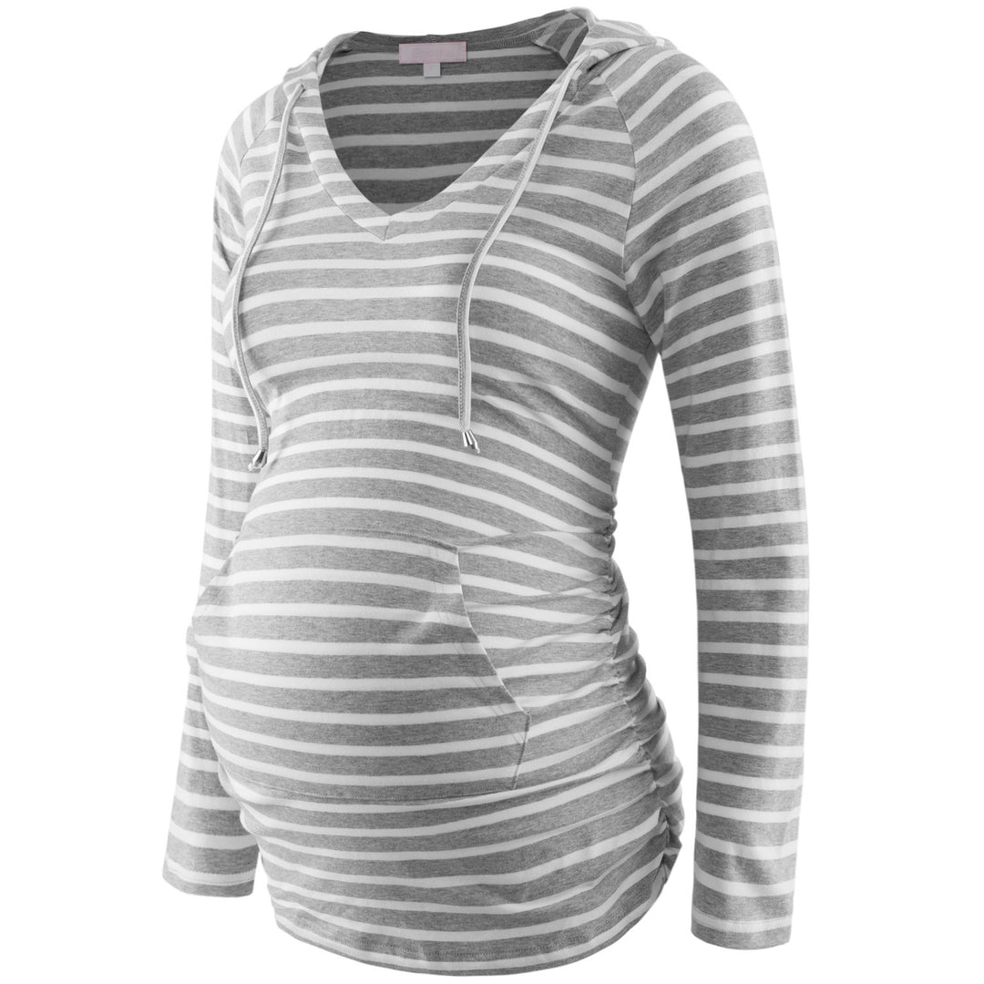 V Neck Long Sleeve Colorblock Maternity Hoodie Top