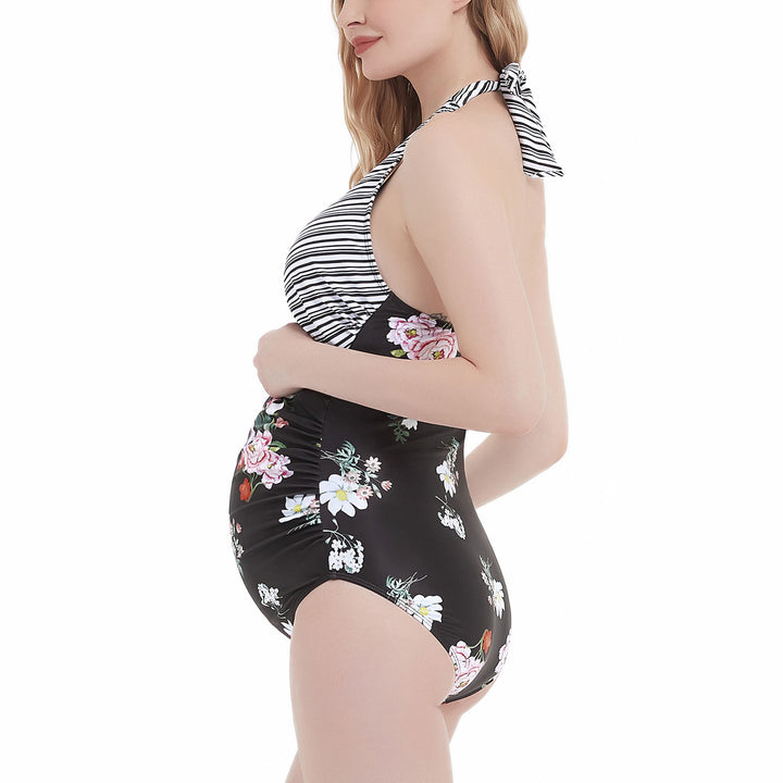 Striped Printed Cross Halter Neck Cutout Pregnancy Swimwear